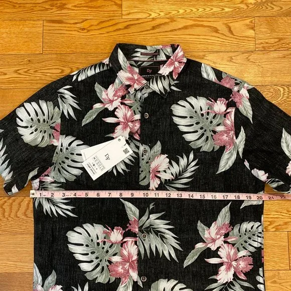 Denim & Flower Mens Poplin Hawaiian Flower Floral Button Up Short Sleeve M New - Picture 2 of 9